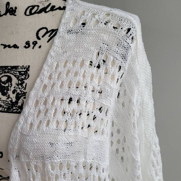 White open knit longer length cardigan open front boho minimalist beachy neutral - Picture 4 of 7